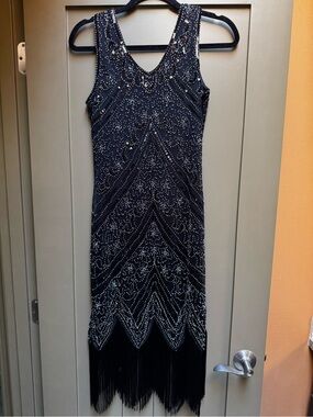 Fundaisy Black Beaded Flapper Midi Dress small